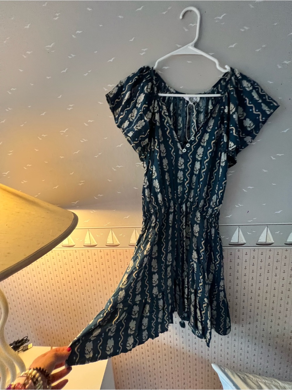 Printed Teal Short Dress with Tie Waist